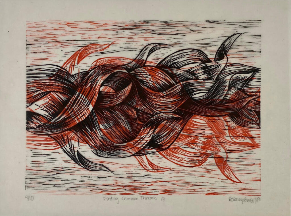 Finding Common Threads, woodcut on waxed paper, 9 x 12 inches