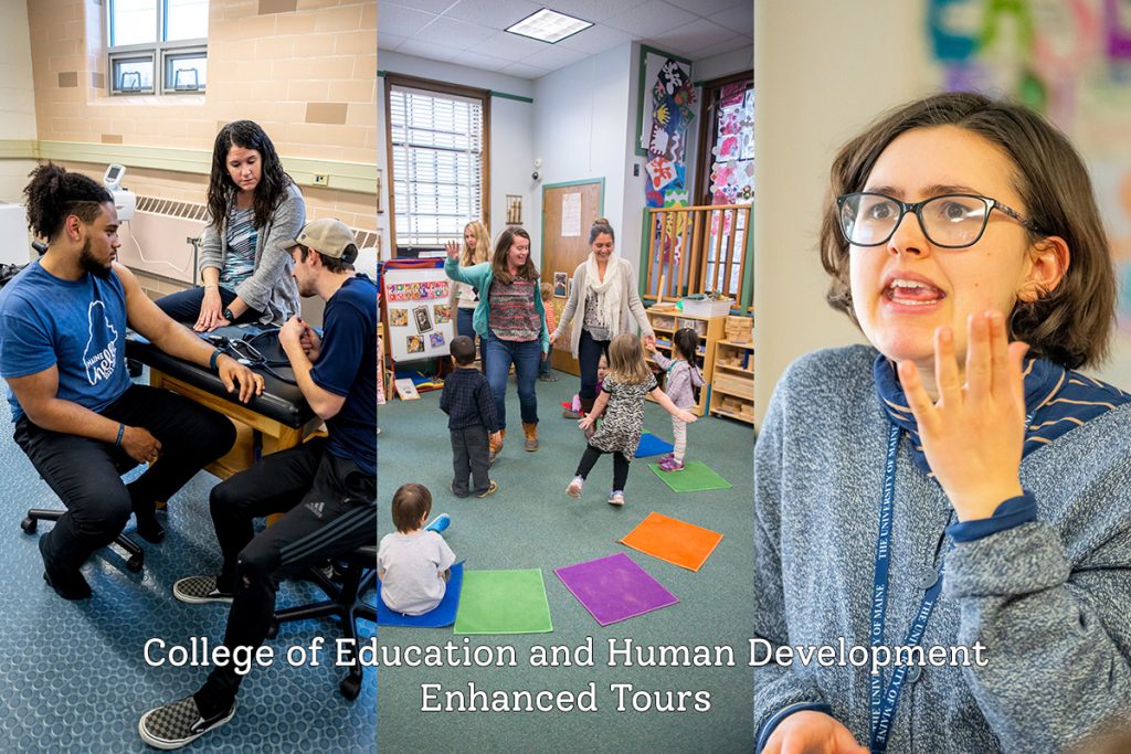 A photo collage showing what the app College of Education and Human Development has to offer. Images left to right include: Students and instructors in the Wes Jordan Athletic Training Complex; Early childhood education students and preschoolers in the Katherine Miles Durst Child Development Learning Center; and a student teacher in her classroom.