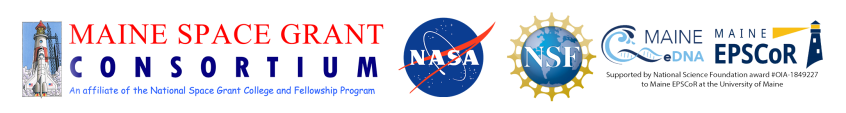 Logos read left to right, "Maine Space Grant Consortium, an affialte of the National Space Grant College and Fellowship Program" then "NASA" and "NSF" and finally "Maine-eDNA, Maine EPSCoR, Supported by National Science Foundation award #OIA-1849227 to Maine EPSCoR at the app