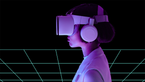 A photo of a person wearing a virual reality headset with a digital grid in the background
