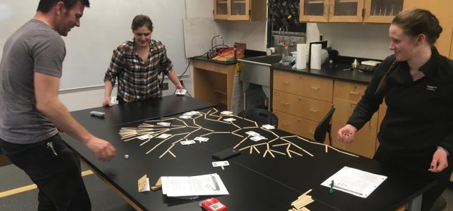 Three MST graduate students engaged in a lab classroom activity