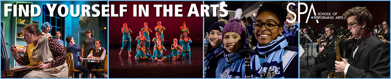 panel of images showing students in theatre, dance, marching band, and symphonic band