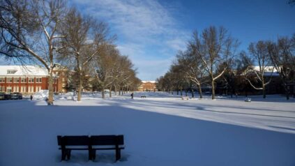 Campus in winter with snow